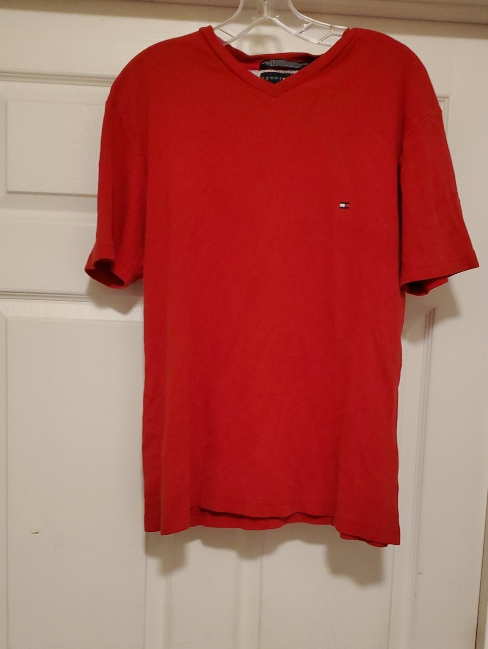 Tommy Hilfiger Men’s Red V-Neck Short Sleeve Tee with Logo